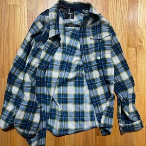 Eddie Bauer Blue and Green Plaid Casual Button Down Shirt